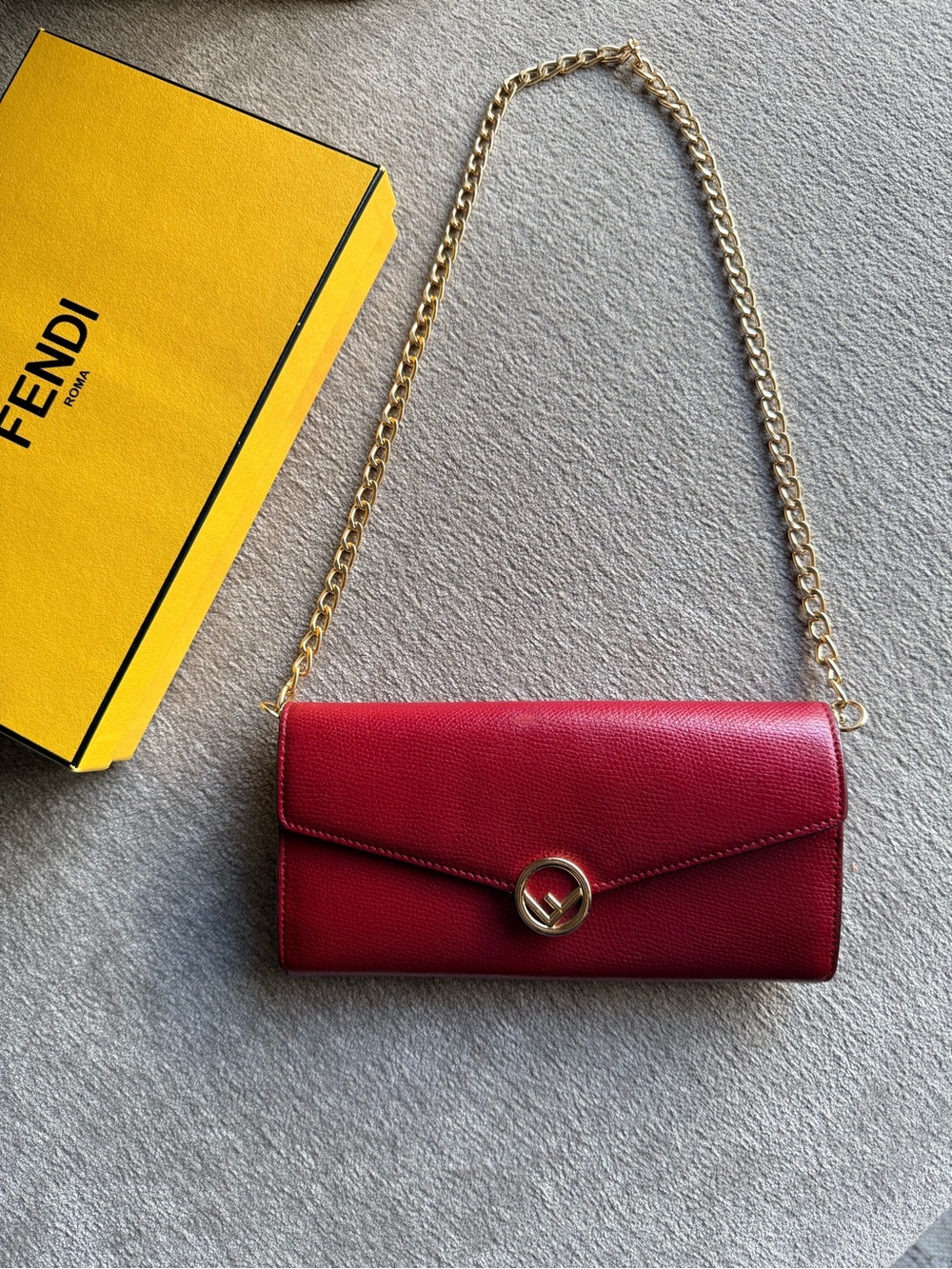 Fendi Red Leather Long Wallet with Gold Chain Insert & Box COA